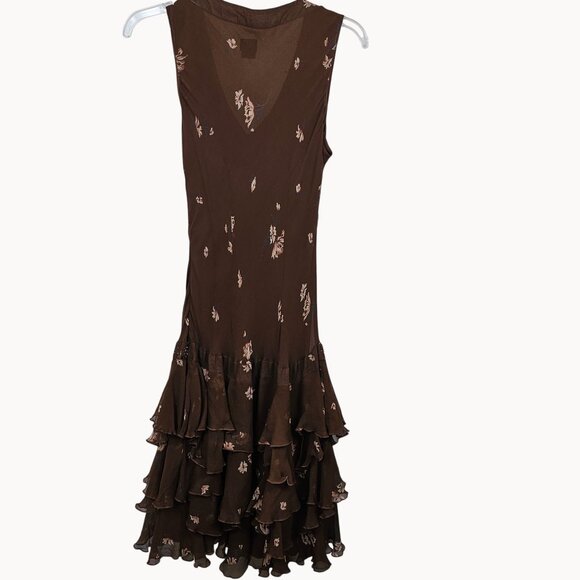 Fairy Cottage Core Dress Frilled Layer Midi Silk Brown Floral 12 Nicole Miller - Picture 6 of 16